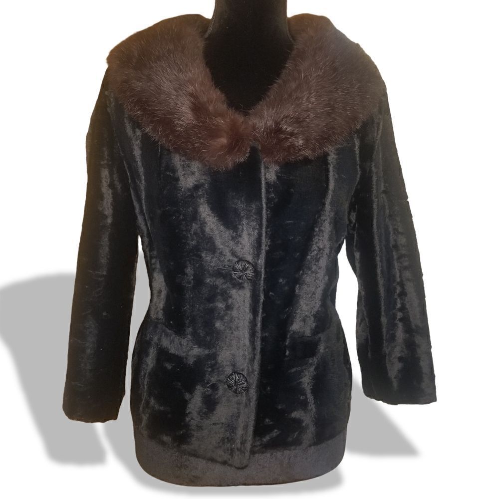 Styled by Winter Black Crushed Velvet Jacket with Genuine Mink Fur Collar M